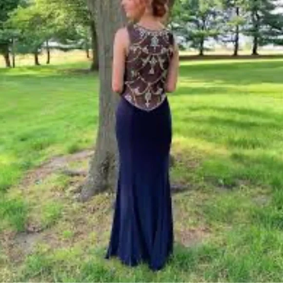 BETSY AND ADAM Illusion Low Back Prom Dress Crystal Beading Rhinestones WOFO 2